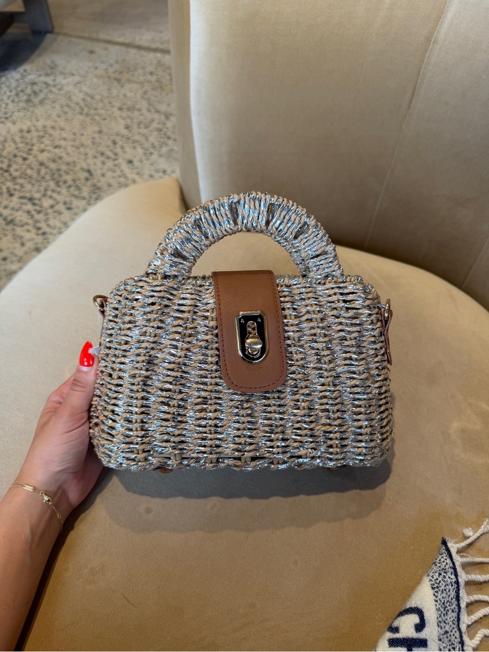 Woven Straw Top-Handle Bag with Brown Leather Trim